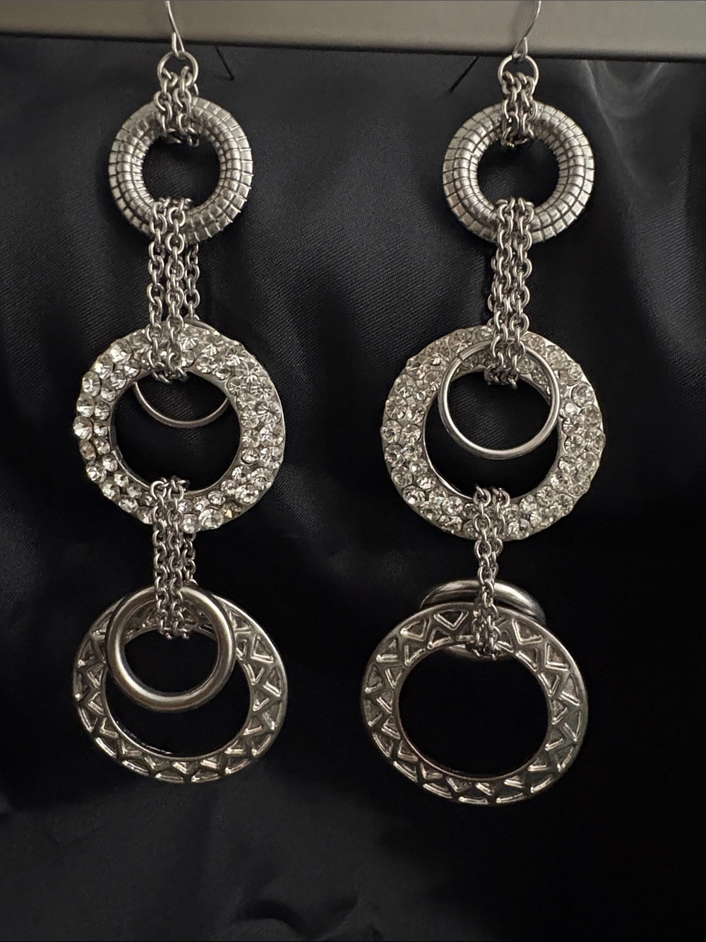 Fashion Jewelry Silver-Tone Triple Circle Dangle Earrings with Crystal Rings